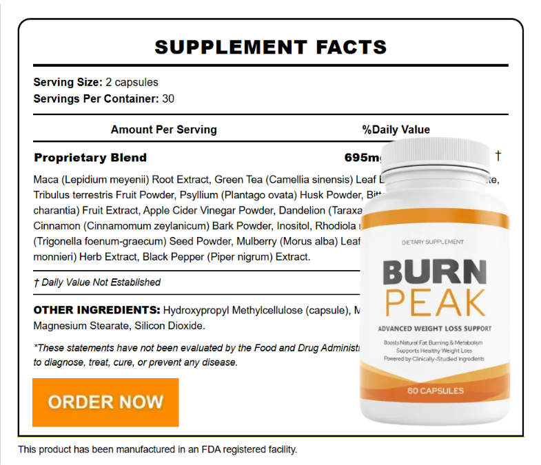 BurnPeak Ingredients Label